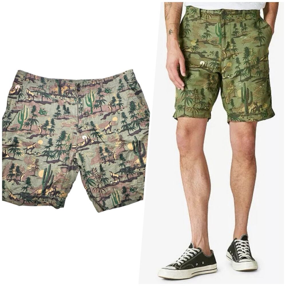 Lucky Brand | Men | Laguna Linen Blend Olive Southwestern Flat Front Shorts | 38